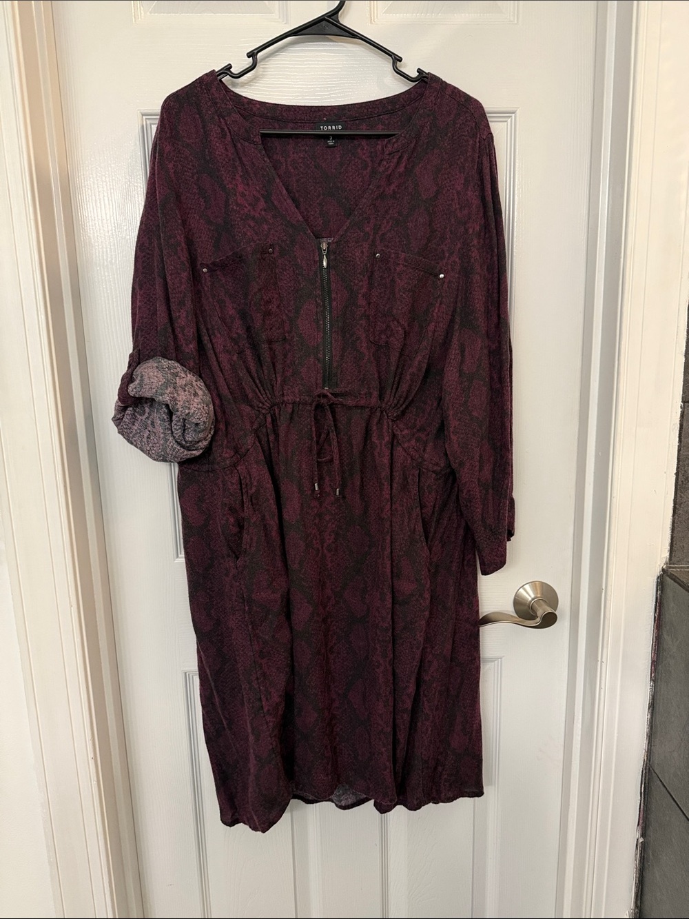torrid Burgundy Snake-Print Long Sleeve Drawstring Dress